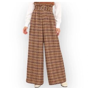 Aura Women's Brown Plaid Tweed Paperbag Wide Leg Pants with Belt High Rise xs